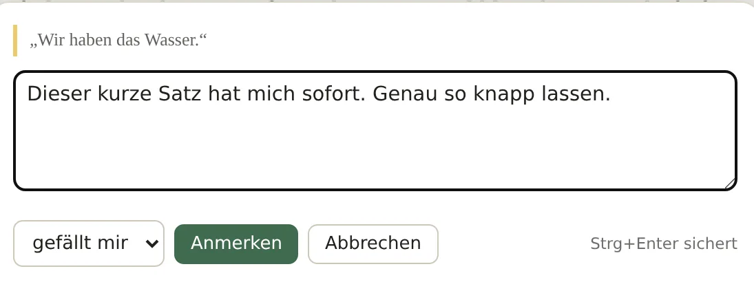Anmerkungsfeld mit zitierter Textstelle und Eingabefeld