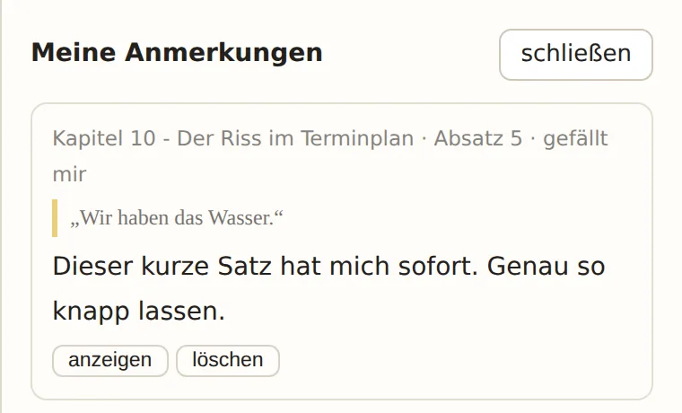 Übersicht Meine Anmerkungen mit einer gespeicherten Notiz