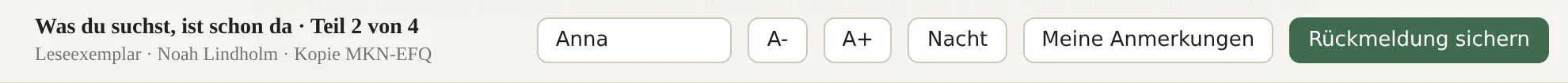 Kopfleiste des Leseexemplars mit Namensfeld, Schriftgröße und Nachtmodus
