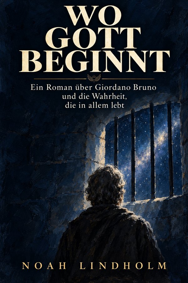 Buchcover Wo Gott beginnt von Noah Lindholm, Roman über Giordano Bruno