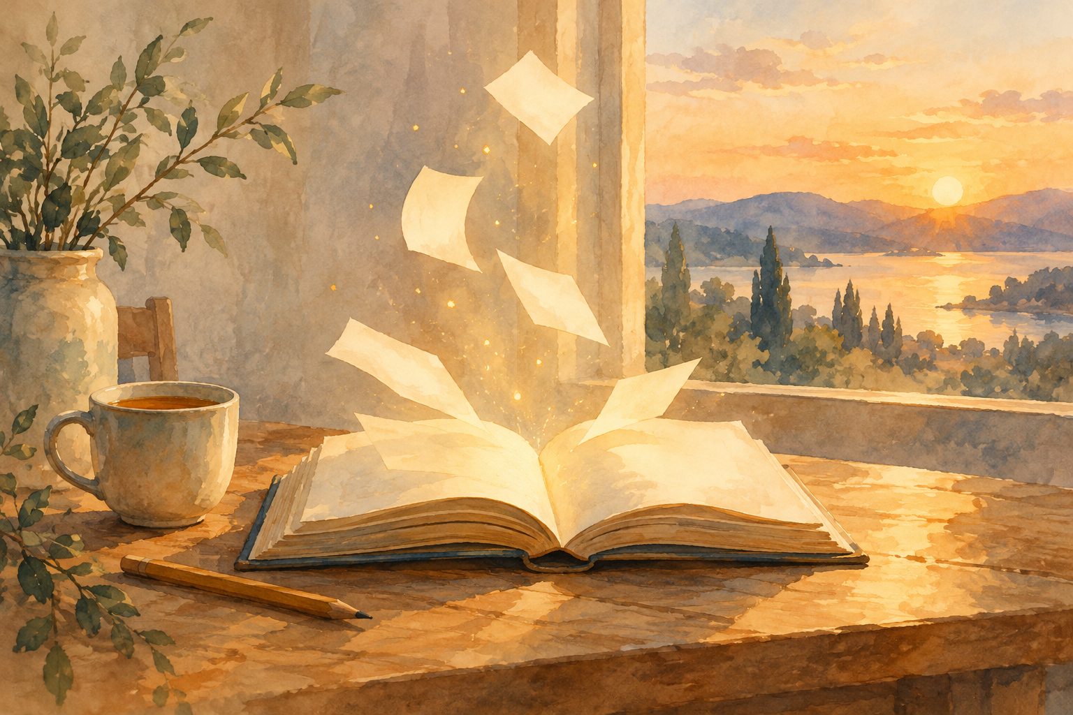 Gemaltes Bild: ein aufgeschlagenes Buch am Fenster im Abendlicht