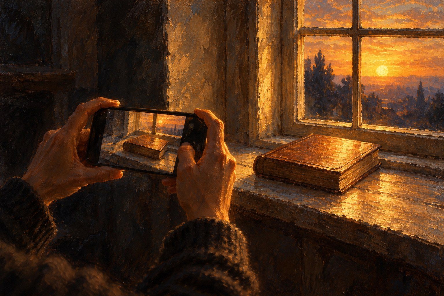 Gemaltes Bild: Zwei Hände fotografieren mit dem Handy ein Buch auf der Fensterbank im Abendlicht