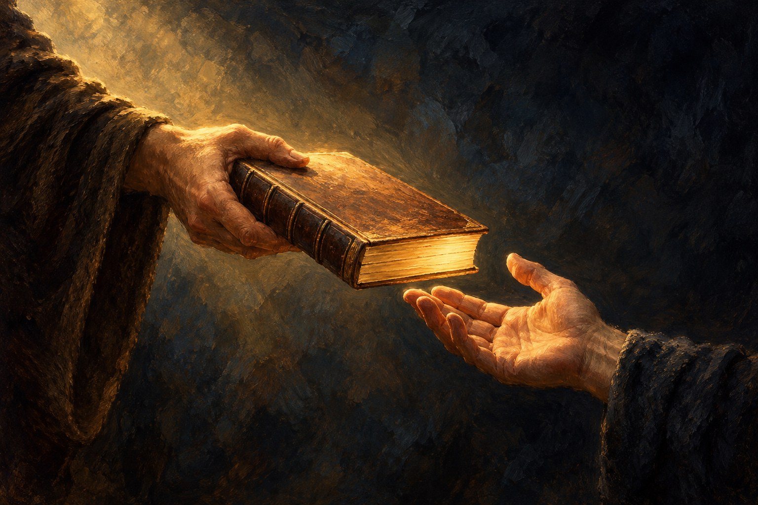 Gemaltes Bild: Eine Hand reicht einer anderen Hand ein Buch, Licht fällt darauf