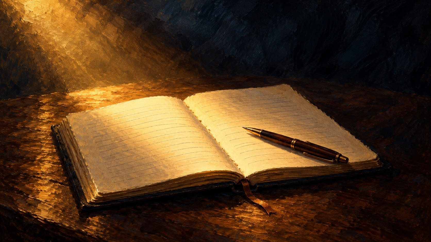 Gemaltes Bild: Ein aufgeschlagenes Heft mit leeren Linien und ein Stift im Lichtschein