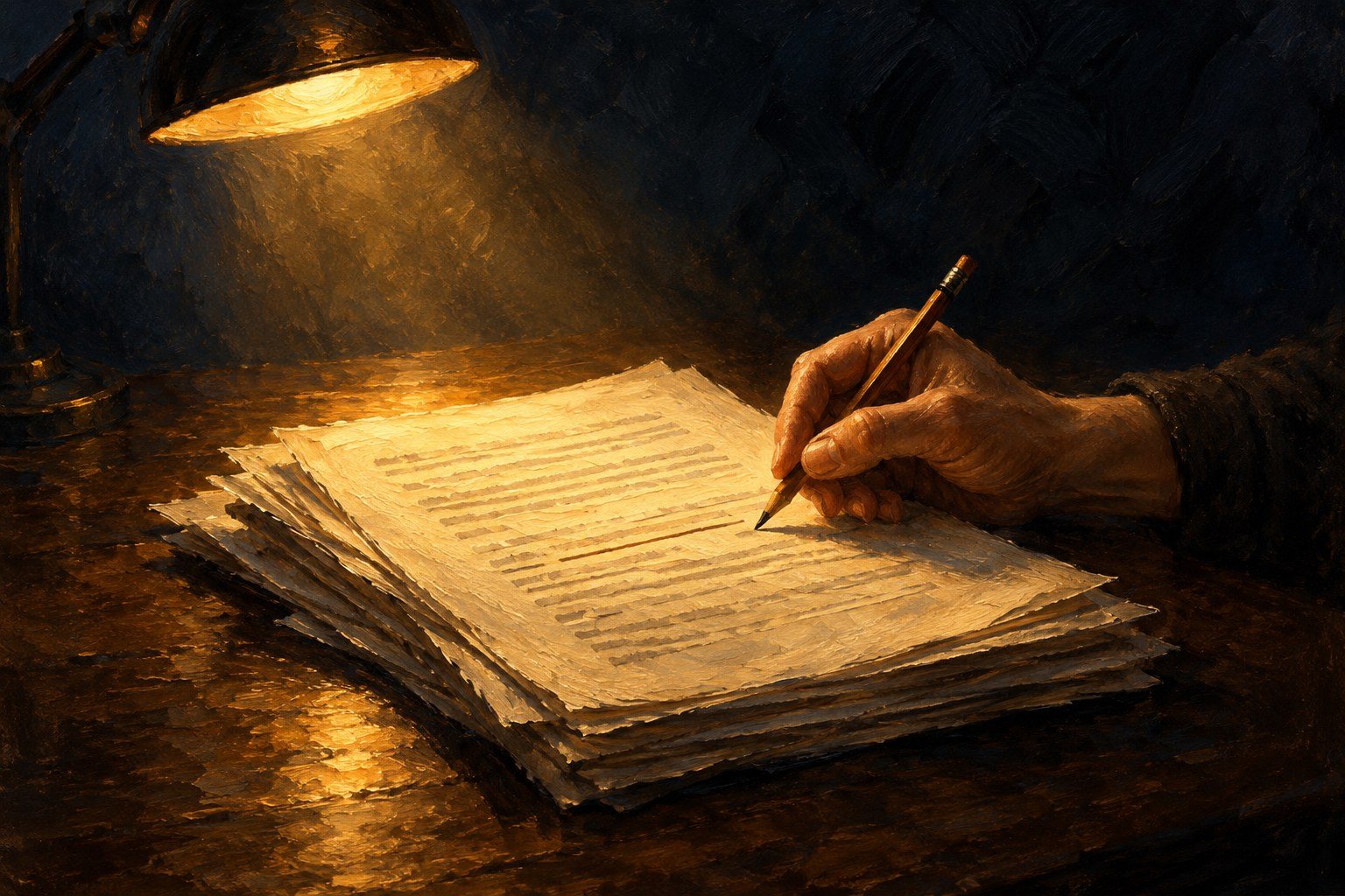 Gemaltes Bild: Eine Hand markiert mit Bleistift eine Stelle in einem Manuskriptstapel unter einer Lampe