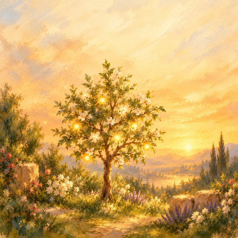 Gemaltes Aquarell: ein junger Baum mit leuchtenden Früchten in einem kleinen Garten im Abendlicht