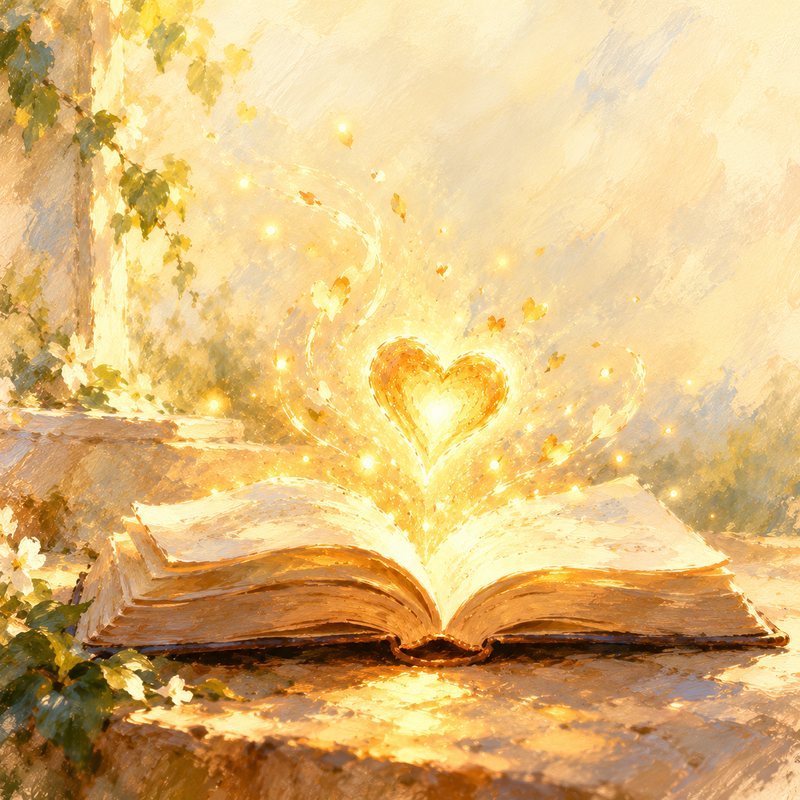 Gemaltes Aquarell: ein aufgeschlagenes Buch im warmen Licht, aus dem ein leuchtendes Herz aufsteigt