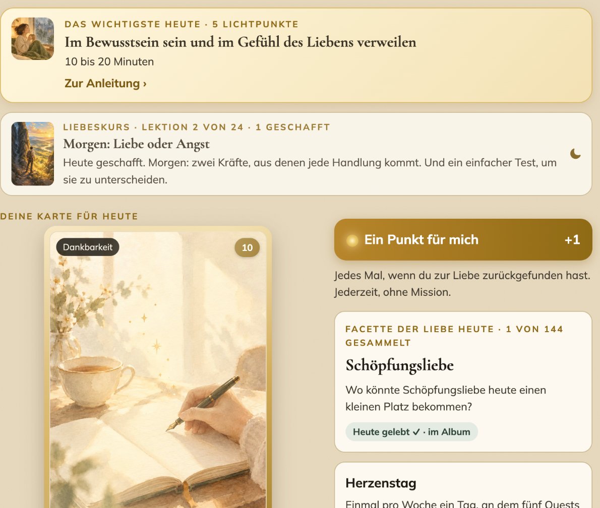 Bildschirmfoto aus dem Spiel: die Tagesansicht mit Quest, Liebeskurs-Lektion, Tageskarte und Facette der Liebe