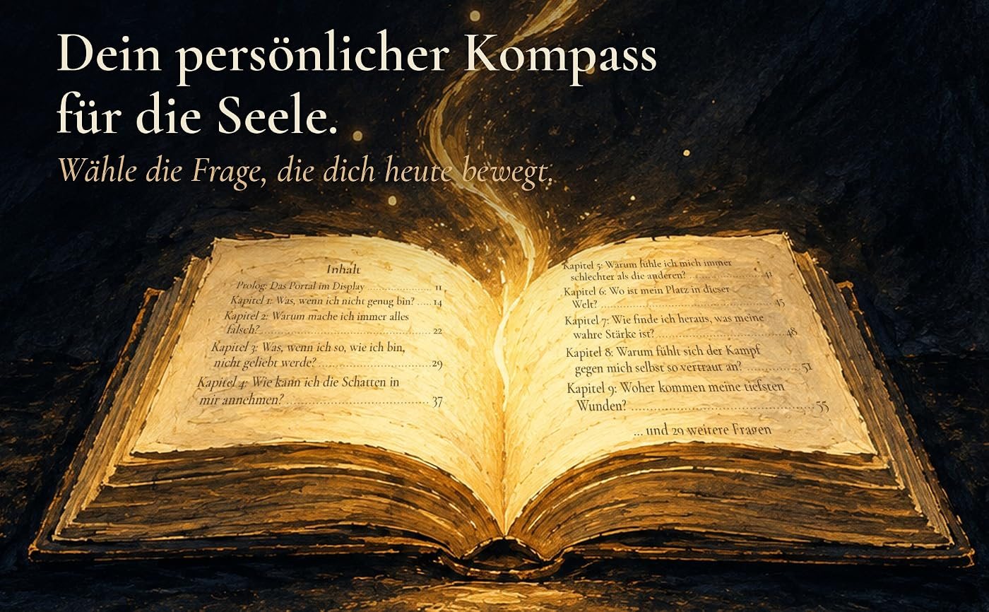 Ein aufgeschlagenes, leuchtendes Buch mit dem Inhaltsverzeichnis, dazu der Text: Dein persönlicher Kompass für die Seele. Wähle die Frage, die dich heute bewegt. Zu sehen sind Kapitel wie Was, wenn ich nicht genug bin?, Wie kann ich die Schatten in mir annehmen? und Woher kommen meine tiefsten Wunden?, dazu der Hinweis auf 29 weitere Fragen.