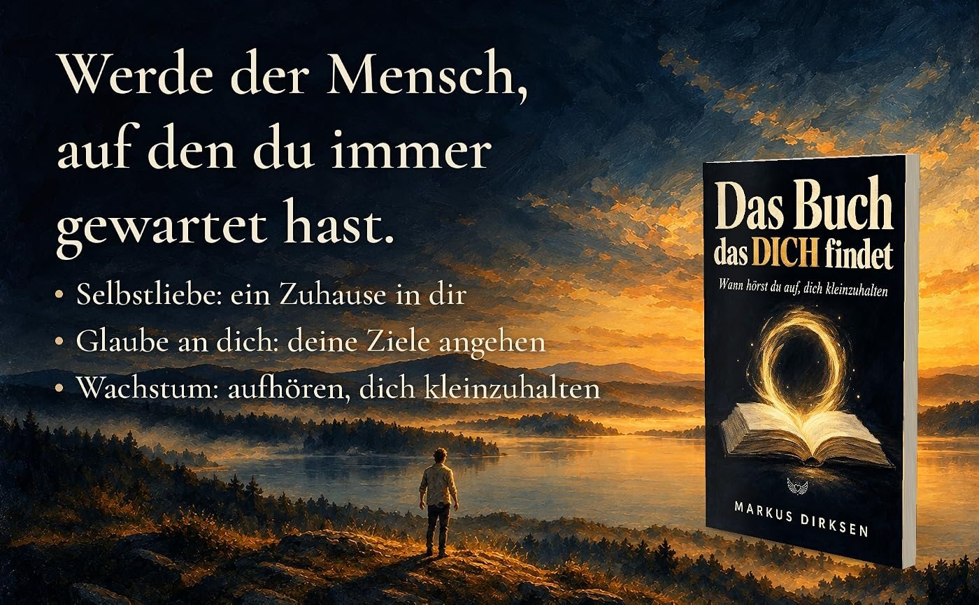 Ein Mann blickt bei Sonnenuntergang über einen See, daneben das Buch, dazu der Text: Werde der Mensch, auf den du immer gewartet hast. Selbstliebe: ein Zuhause in dir. Glaube an dich: deine Ziele angehen. Wachstum: aufhören, dich kleinzuhalten.