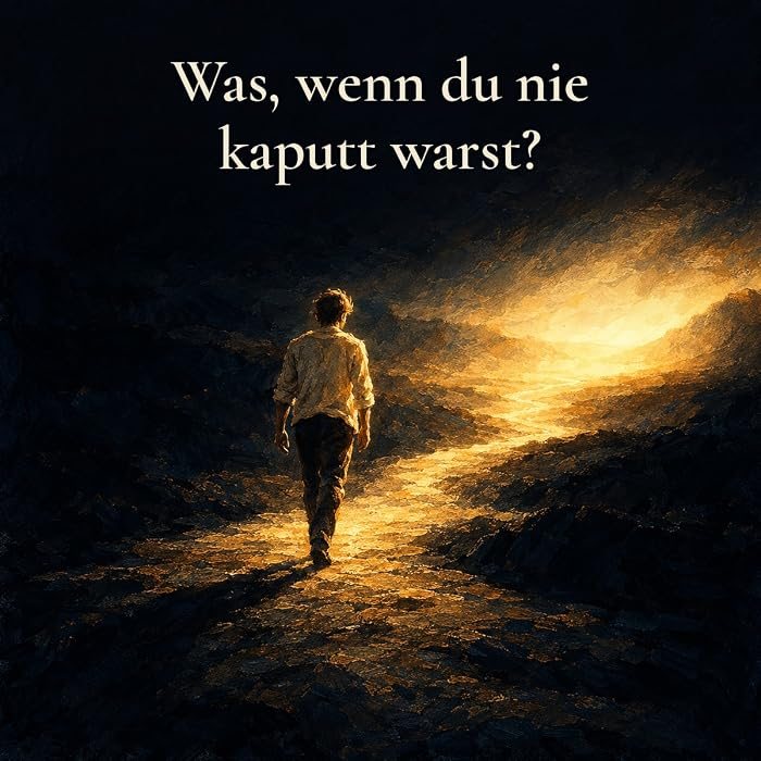 Gemaltes Bild: ein junger Mann geht auf einem leuchtenden Weg durch eine dunkle Landschaft dem Licht entgegen, dazu der Text: Was, wenn du nie kaputt warst?