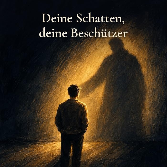 Gemaltes Bild: ein Junge steht im Lichtschein, hinter ihm ein großer Schatten, der ihm die Hand auf die Schulter legt, dazu der Text: Deine Schatten, deine Beschützer.