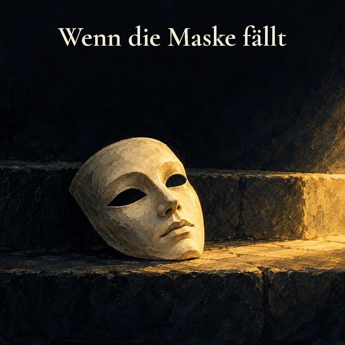 Gemaltes Bild: eine helle Maske liegt im warmen Licht auf steinernen Stufen, dazu der Text: Wenn die Maske fällt.