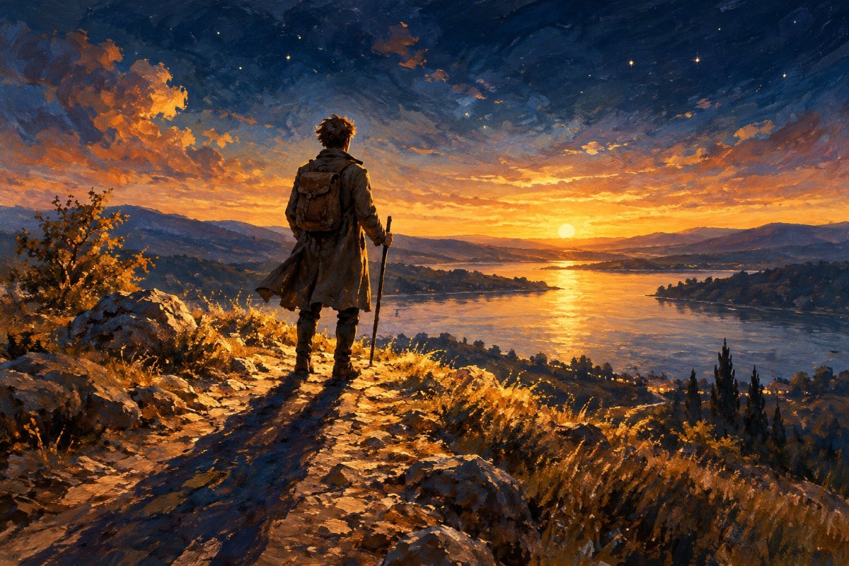 Gemaltes Bild: Ein Wanderer steht in der Abenddämmerung auf einem Hügel über einem stillen See, sein langer Schatten fällt hinter ihm über den Weg.