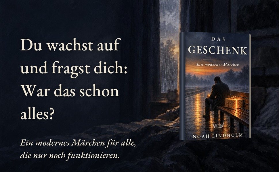 Buch Das Geschenk von Noah Lindholm neben einem Fenster in der Morgendämmerung, dazu der Text: Du wachst auf und fragst dich: War das schon alles? Ein modernes Märchen für alle, die nur noch funktionieren.