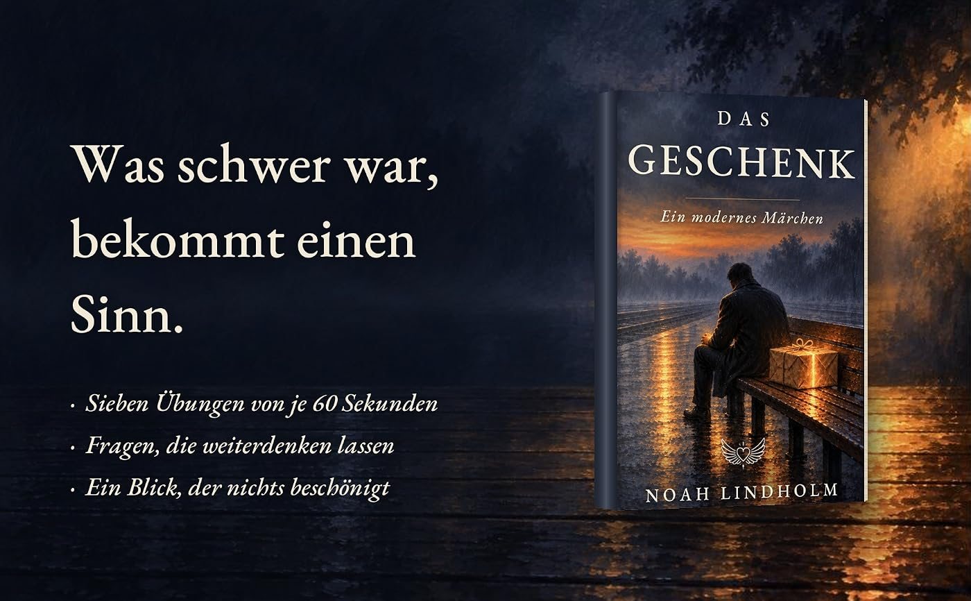 Buch Das Geschenk vor einem regennassen Steg im Abendlicht, dazu der Text: Was schwer war, bekommt einen Sinn. Sieben Übungen von je 60 Sekunden. Fragen, die weiterdenken lassen. Ein Blick, der nichts beschönigt.