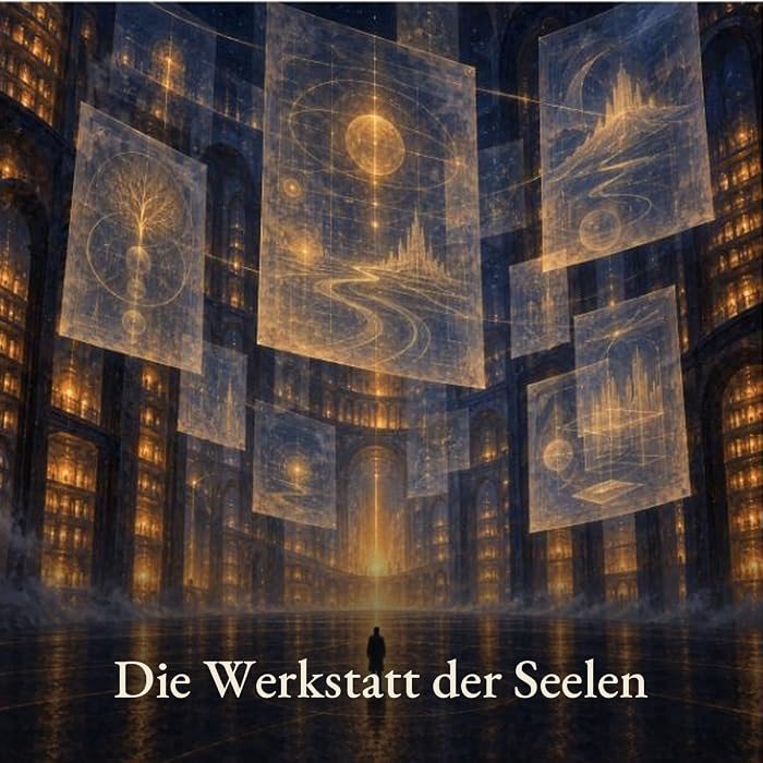 Gemaltes Bild: Ein Mensch steht klein in einer hohen Halle, über ihm schweben leuchtende Entwürfe mit Bäumen, Wegen und Sternen. Darunter der Schriftzug: Die Werkstatt der Seelen.