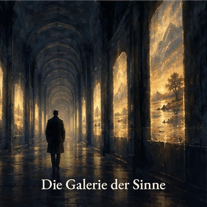 Gemaltes Bild: Ein Mann im Mantel geht durch einen langen Gewölbegang, an den Wänden leuchten Landschaftsbilder. Darunter der Schriftzug: Die Galerie der Sinne.