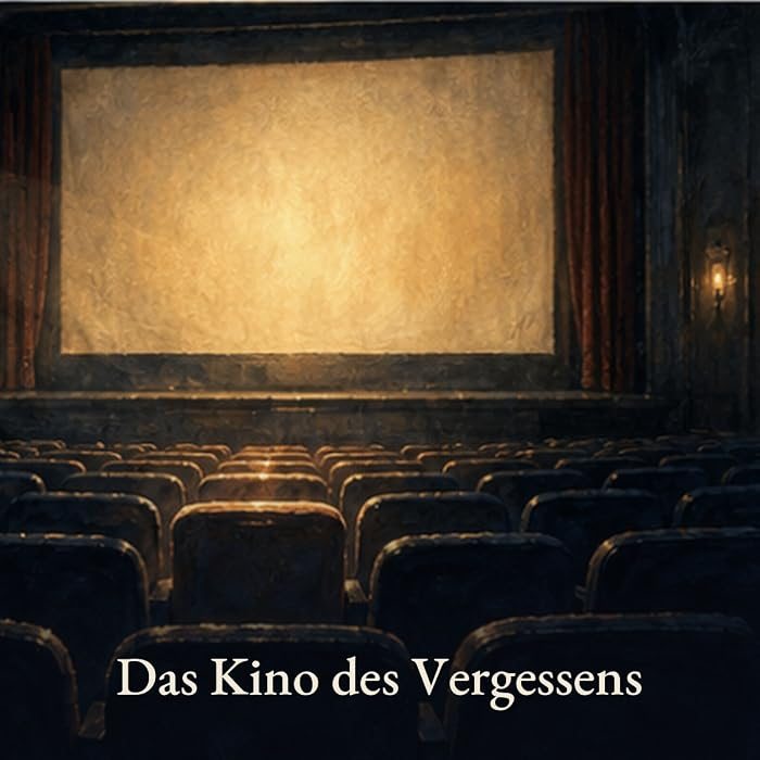 Gemaltes Bild: Ein leerer, alter Kinosaal mit samtigen Sitzreihen vor einer warm erleuchteten Leinwand. Darunter der Schriftzug: Das Kino des Vergessens.