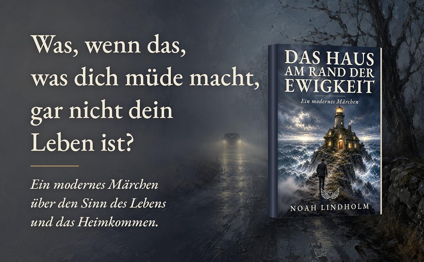 Das Buch Das Haus am Rand der Ewigkeit neben einer nebligen Landstraße mit Autoscheinwerfern, dazu der Text: Was, wenn das, was dich müde macht, gar nicht dein Leben ist? Ein modernes Märchen über den Sinn des Lebens und das Heimkommen.