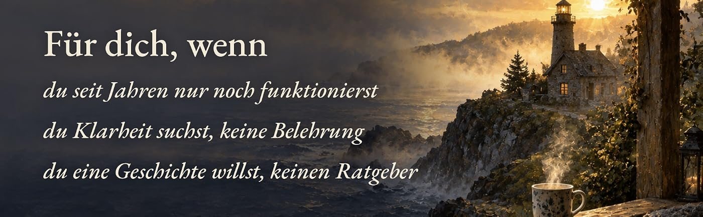 Ein Haus mit Leuchtturm auf den Klippen im Morgenlicht, vorne eine dampfende Tasse, dazu der Text: Für dich, wenn du seit Jahren nur noch funktionierst, wenn du Klarheit suchst, keine Belehrung, und wenn du eine Geschichte willst, keinen Ratgeber.