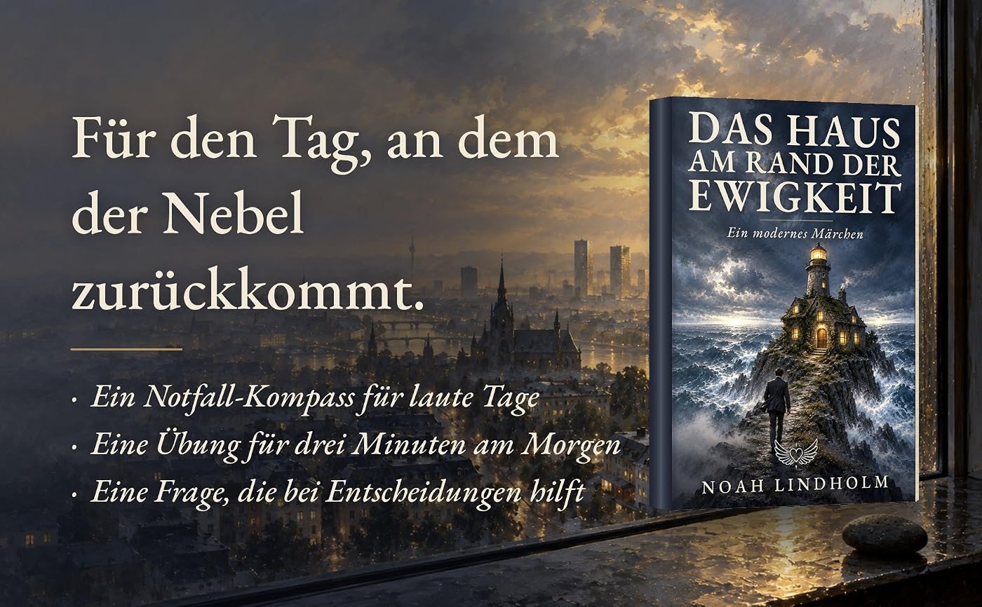 Das Buch auf einer regennassen Fensterbank über einer Stadt in der Dämmerung, dazu der Text: Für den Tag, an dem der Nebel zurückkommt. Ein Notfall-Kompass für laute Tage. Eine Übung für drei Minuten am Morgen. Eine Frage, die bei Entscheidungen hilft.