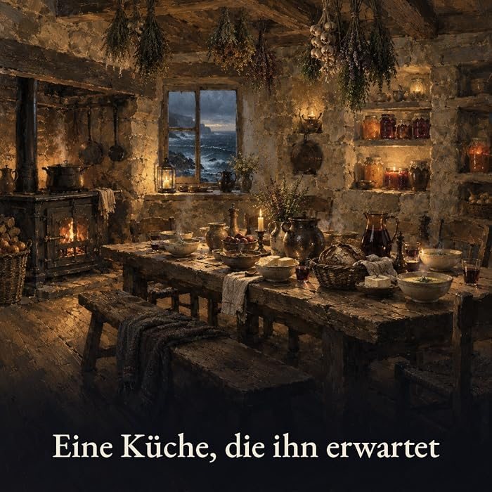 Gemaltes Bild: Eine alte Steinküche mit Herdfeuer und einem reich gedeckten Holztisch, durch das Fenster ist das stürmische Meer zu sehen.