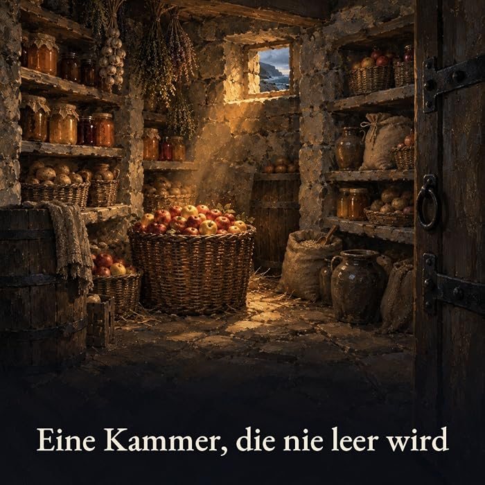 Gemaltes Bild: Eine Vorratskammer mit vollen Regalen, Einmachgläsern und einem großen Korb voller Äpfel im Licht eines kleinen Fensters.