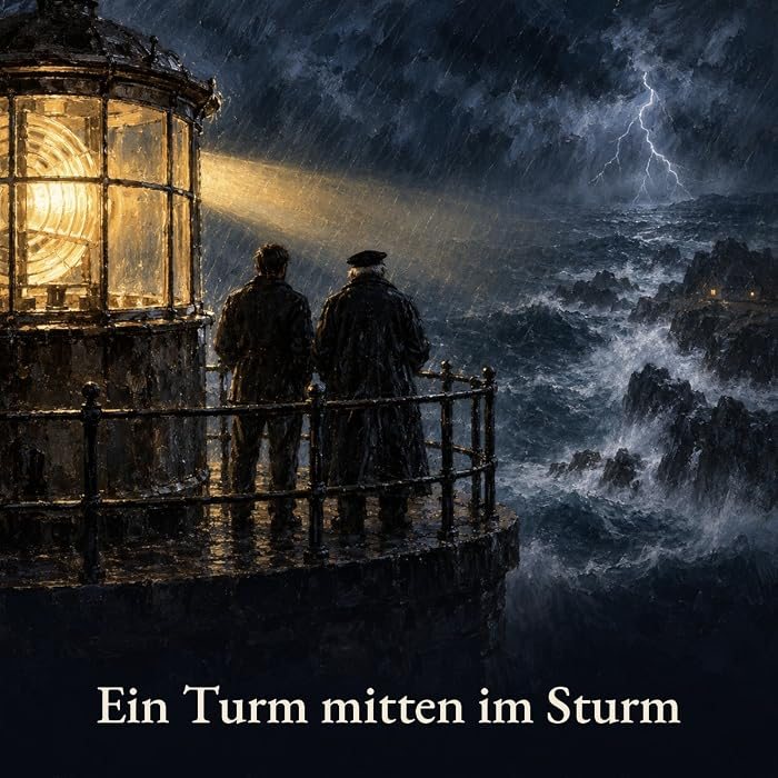 Gemaltes Bild: Zwei Männer stehen nachts auf der Galerie eines Leuchtturms, das Licht fällt hinaus auf das aufgewühlte Meer, am Himmel zuckt ein Blitz.