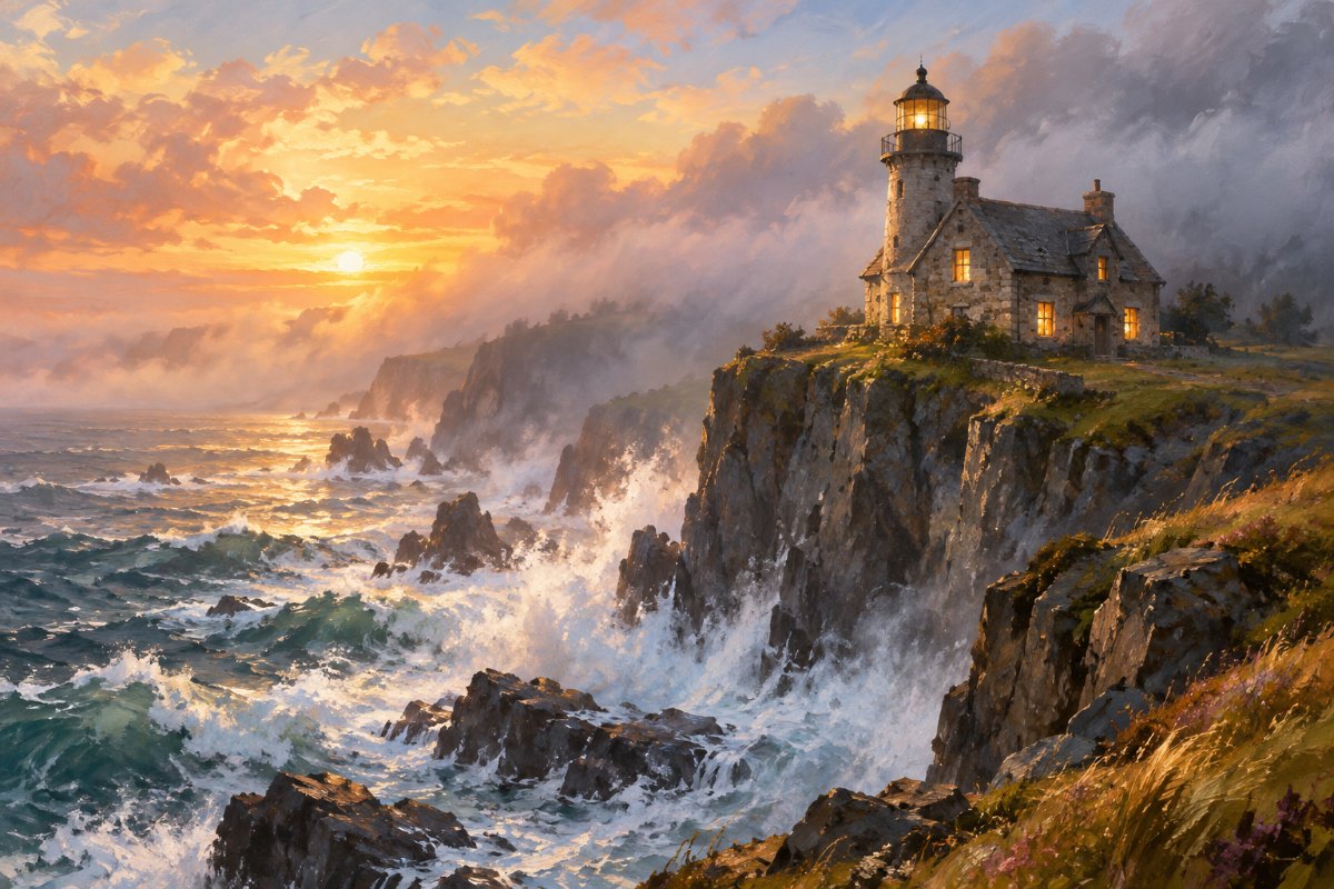 Gemaltes Bild: Ein altes Steinhaus mit Leuchtturm steht auf den Klippen über dem tosenden Meer, hinter ihm eine Wand aus Nebel, in den Fenstern brennt warmes Licht.