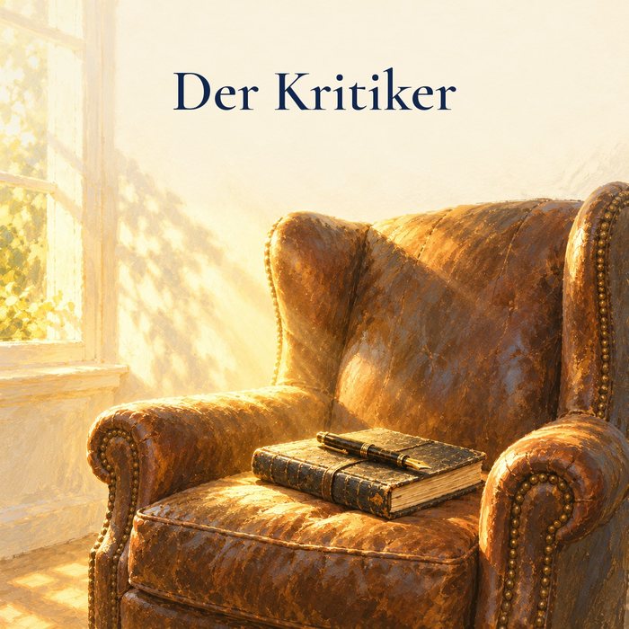 Gemaltes Bild: der Kritiker, ein mürrischer alter Mann mit schwarzem Notizbuch