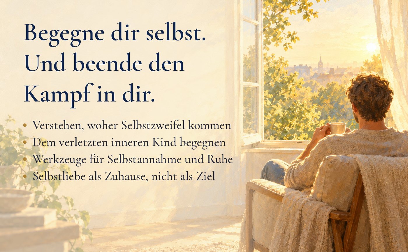 Begegne dir selbst. Und beende den Kampf in dir. Verstehen, woher Selbstzweifel kommen. Dem verletzten inneren Kind begegnen. Werkzeuge für Selbstannahme und Ruhe. Selbstliebe als Zuhause, nicht als Ziel.