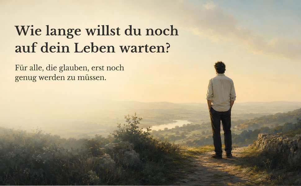 Ein Mann steht auf einem Hügel und blickt im Morgenlicht über ein weites Flusstal, daneben der Text: Wie lange willst du noch auf dein Leben warten? Für alle, die glauben, erst noch genug werden zu müssen.