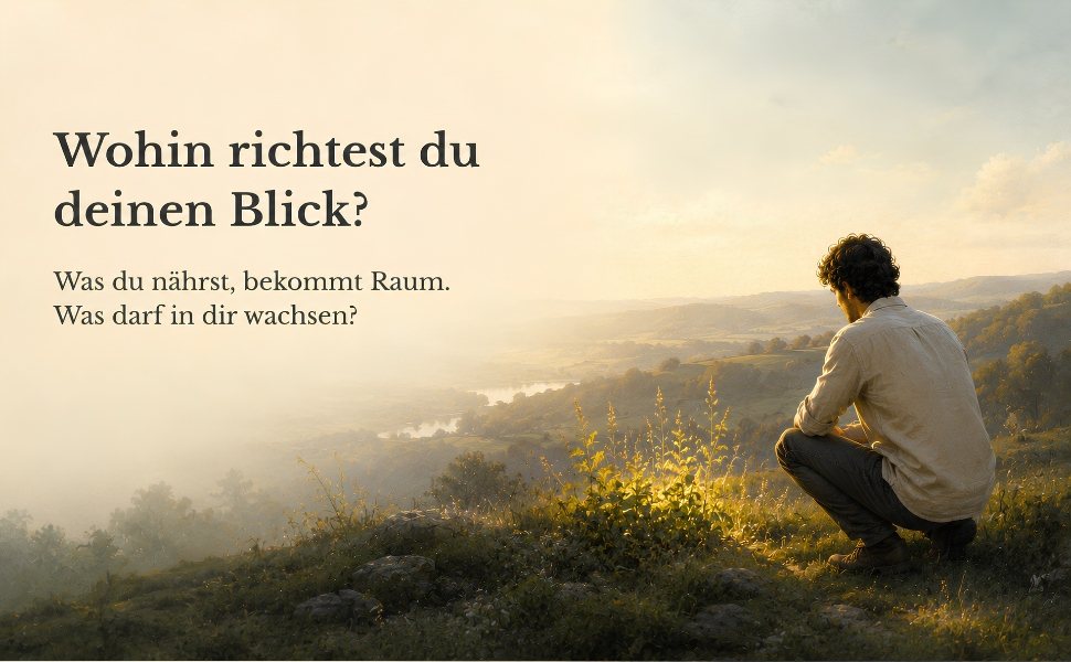 Ein Mann hockt im Abendlicht vor einer kleinen Pflanze im Gras, daneben der Text: Wohin richtest du deinen Blick? Was du nährst, bekommt Raum. Was darf in dir wachsen?