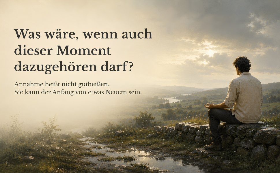 Ein Mann sitzt nach dem Regen auf einer Steinmauer über einem Tal, daneben der Text: Was wäre, wenn auch dieser Moment dazugehören darf? Annahme heißt nicht gutheißen. Sie kann der Anfang von etwas Neuem sein.