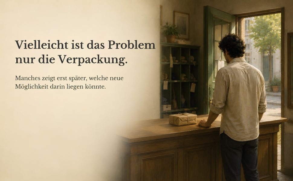 Ein Mann steht an einem alten Holztresen mit einem verschnürten Päckchen, dahinter Regalfächer mit Fundsachen, daneben der Text: Vielleicht ist das Problem nur die Verpackung. Manches zeigt erst später, welche neue Möglichkeit darin liegen könnte.