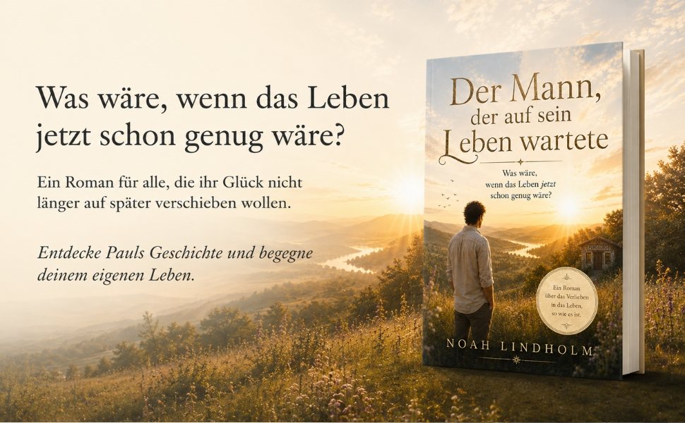Buch Der Mann, der auf sein Leben wartete vor einer sonnigen Hügellandschaft, daneben der Text: Was wäre, wenn das Leben jetzt schon genug wäre? Ein Roman für alle, die ihr Glück nicht länger auf später verschieben wollen. Pauls Geschichte lesen und dem eigenen Leben begegnen.