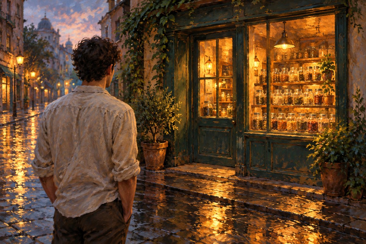 Gemaltes Bild: Ein junger Mann steht in einer regennassen Straße vor einem kleinen alten Laden, über dessen Tür goldene Buchstaben schimmern, im Schaufenster stehen Gläser in warmem Licht.