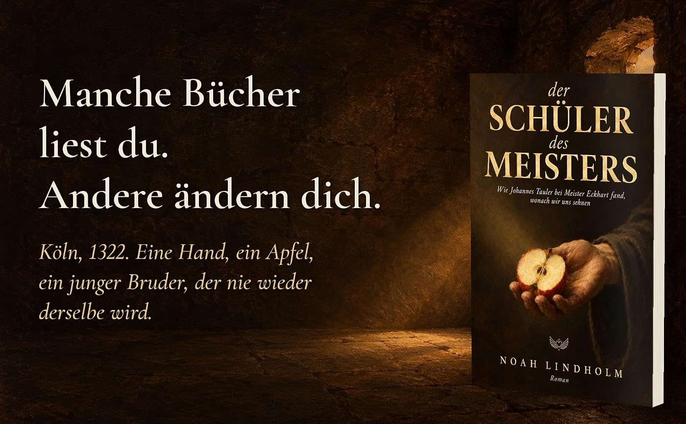 Das Buch Der Schüler des Meisters in einem dunklen Gewölbe mit dem Text: Manche Bücher liest du. Andere ändern dich. Köln, 1322. Eine Hand, ein Apfel, ein junger Bruder, der nie wieder derselbe wird.