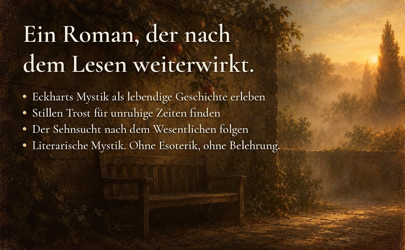 Eine Holzbank an einer Klostermauer unter einem Apfelbaum im Abendlicht, dazu der Text: Ein Roman, der nach dem Lesen weiterwirkt. Eckharts Mystik als lebendige Geschichte erleben. Stillen Trost für unruhige Zeiten finden. Der Sehnsucht nach dem Wesentlichen folgen. Literarische Mystik. Ohne Esoterik, ohne Belehrung.