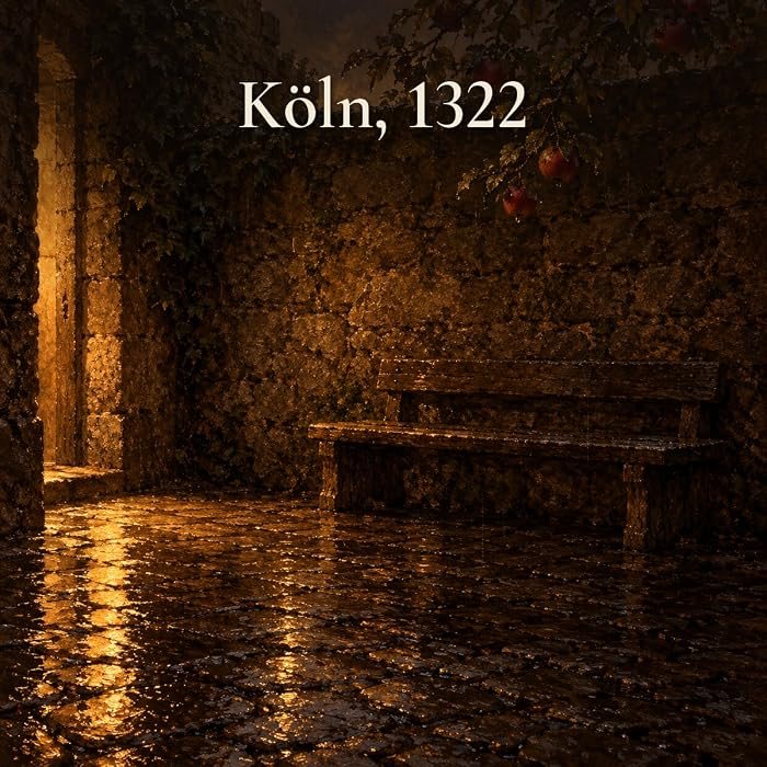 Gemaltes Bild: ein nasser Klosterhof bei Nacht mit einer Holzbank an der Steinmauer und einem Apfelbaum, dazu der Text: Köln, 1322.