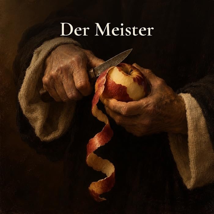 Gemaltes Bild: alte Hände in einer Ordenskutte schälen mit einem kleinen Messer einen roten Apfel in einer langen Spirale, dazu der Text: Der Meister.