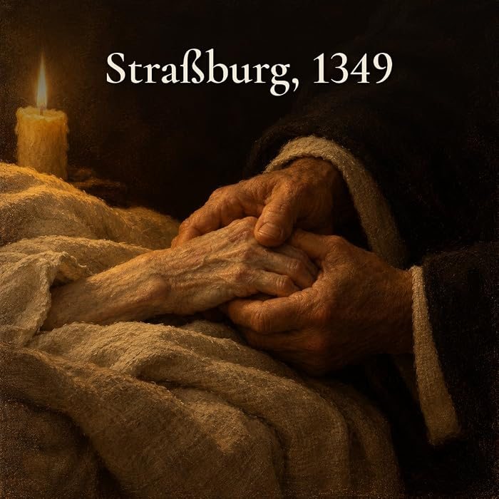 Gemaltes Bild: eine Hand im Ordensgewand hält im Kerzenschein die Hand eines Menschen auf einer Leinendecke, dazu der Text: Straßburg, 1349.
