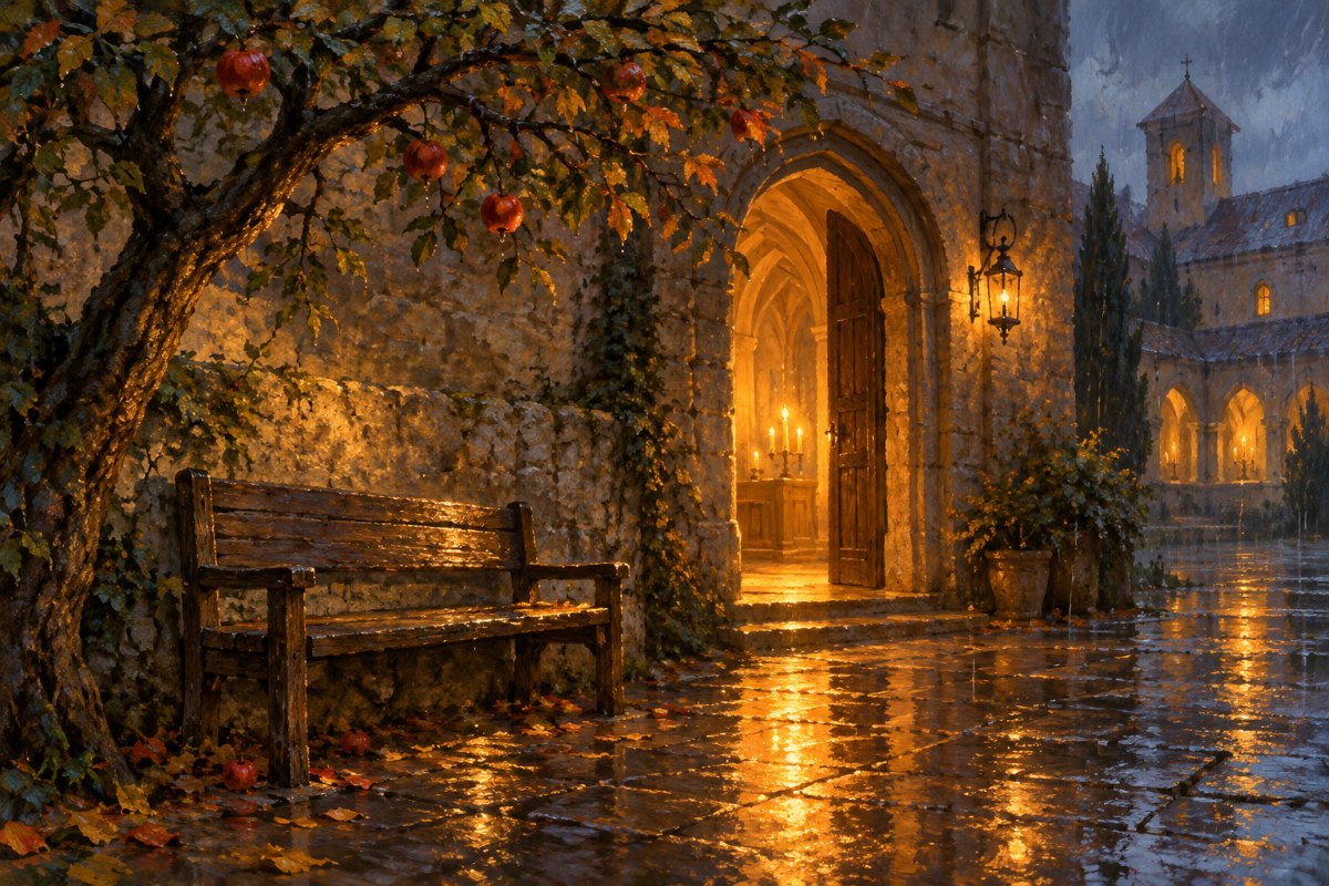Gemaltes Bild: Ein verregneter mittelalterlicher Klosterhof am Abend, eine Holzbank an der Steinmauer, darüber ein Apfelbaum, aus einer offenen Tür fällt warmes Licht auf das nasse Pflaster.