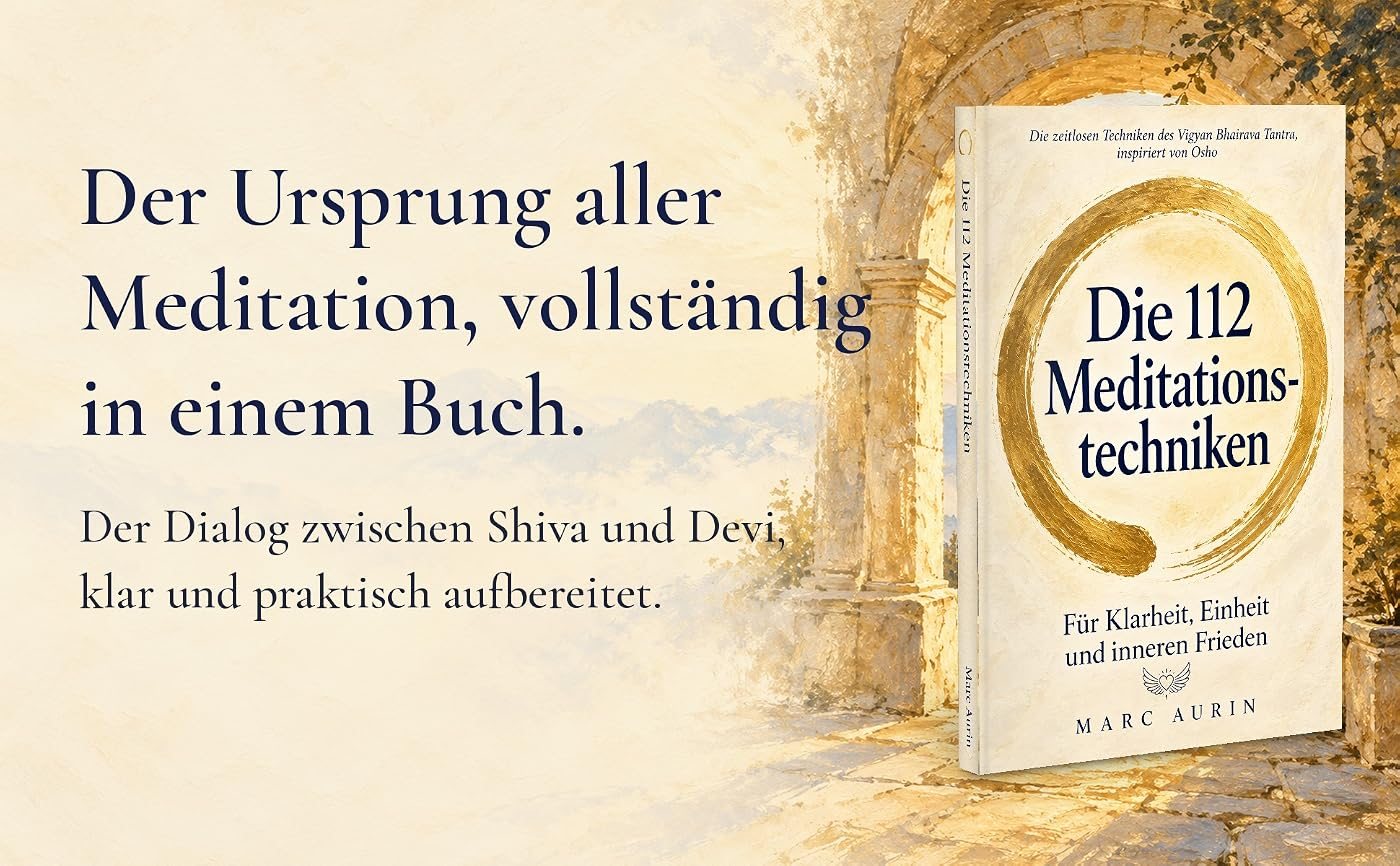 Das Buch Die 112 Meditationstechniken von Marc Aurin vor einem sonnigen Steinbogen, dazu der Text: Der Ursprung aller Meditation, vollständig in einem Buch. Der Dialog zwischen Shiva und Devi, klar und praktisch aufbereitet.