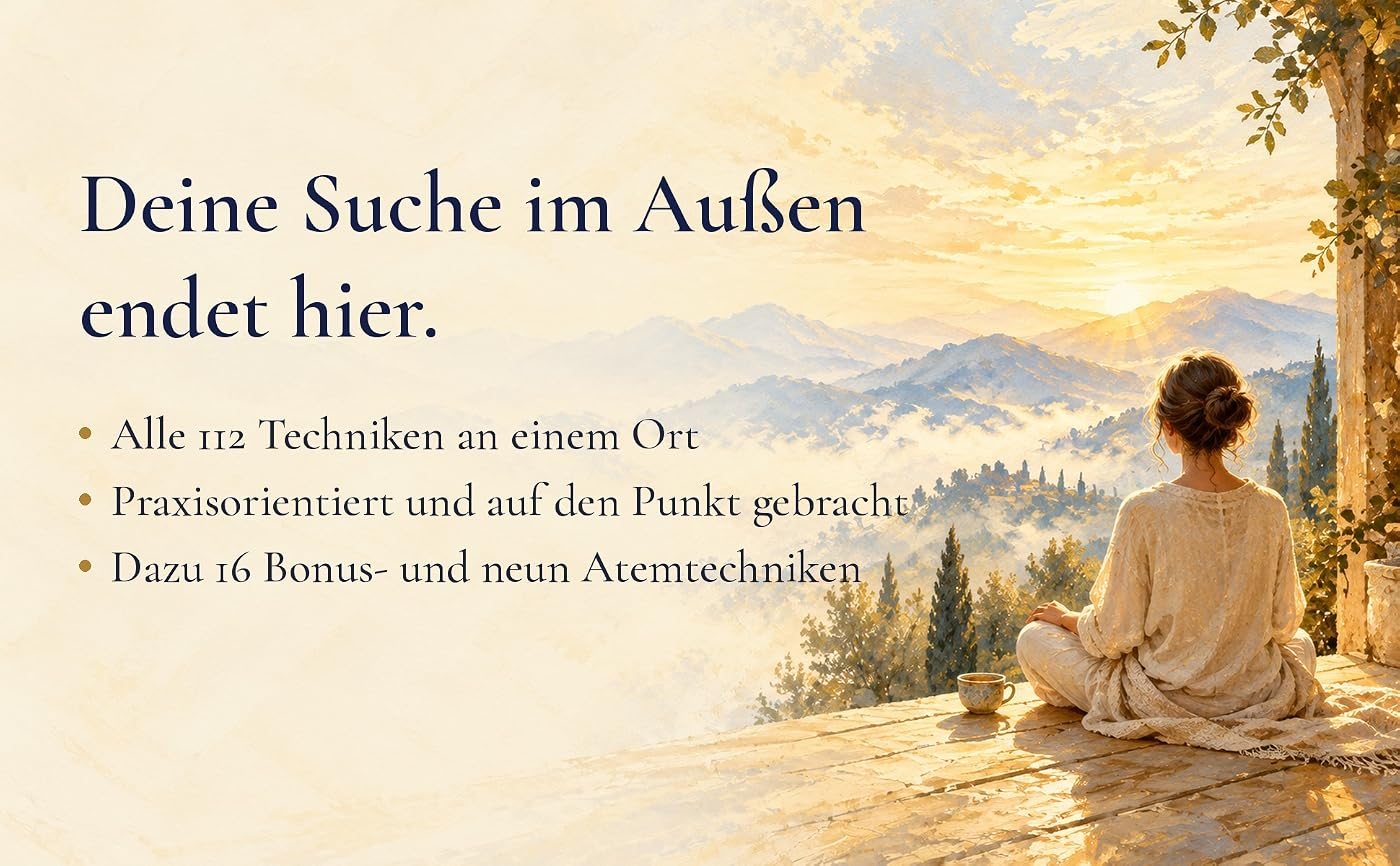 Eine Frau sitzt im Schneidersitz auf einer Terrasse und blickt über neblige Hügel in die Sonne, dazu der Text: Deine Suche im Außen endet hier. Alle 112 Techniken an einem Ort. Praxisorientiert und auf den Punkt gebracht. Dazu 16 Bonus- und neun Atemtechniken.