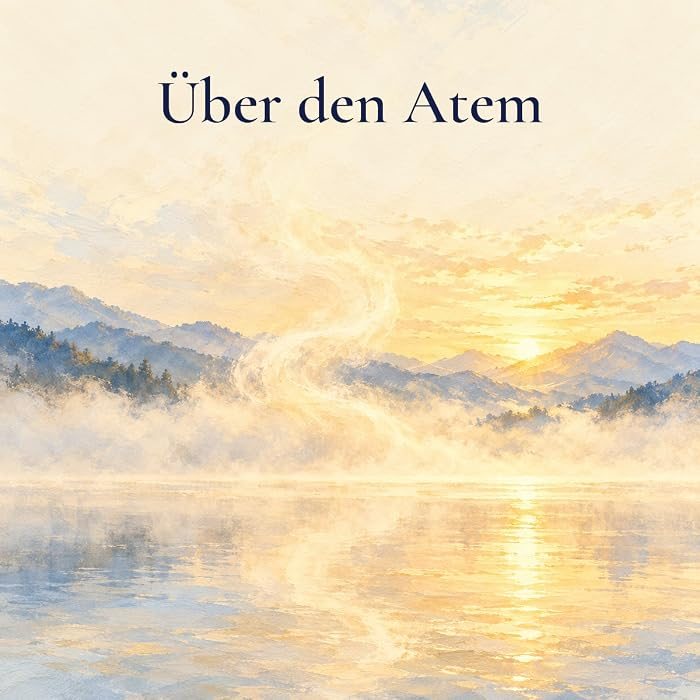 Gemaltes Bild: Ein stiller See im Morgennebel, ein heller Atemhauch steigt über dem Wasser auf. Darüber der Schriftzug: Über den Atem.