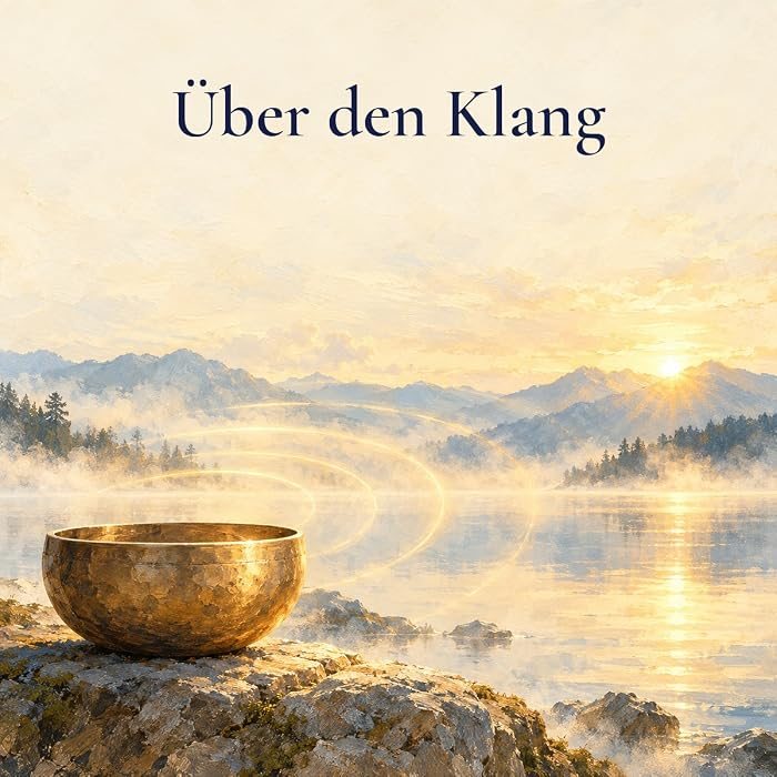 Gemaltes Bild: Eine goldene Klangschale auf einem Felsen am Seeufer, von ihr gehen leuchtende Klangwellen aus. Darüber der Schriftzug: Über den Klang.