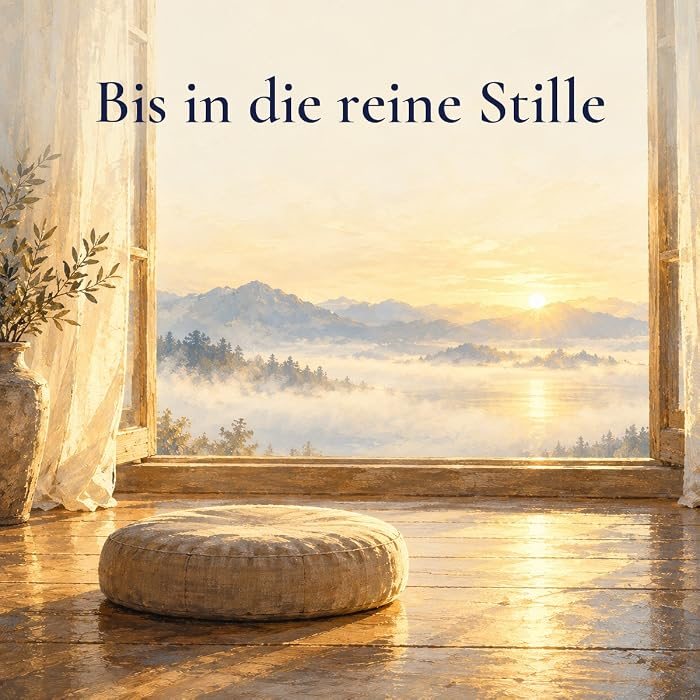Gemaltes Bild: Ein Meditationskissen vor einem offenen Fenster, draußen Berge im Nebel und die aufgehende Sonne. Darüber der Schriftzug: Bis in die reine Stille.