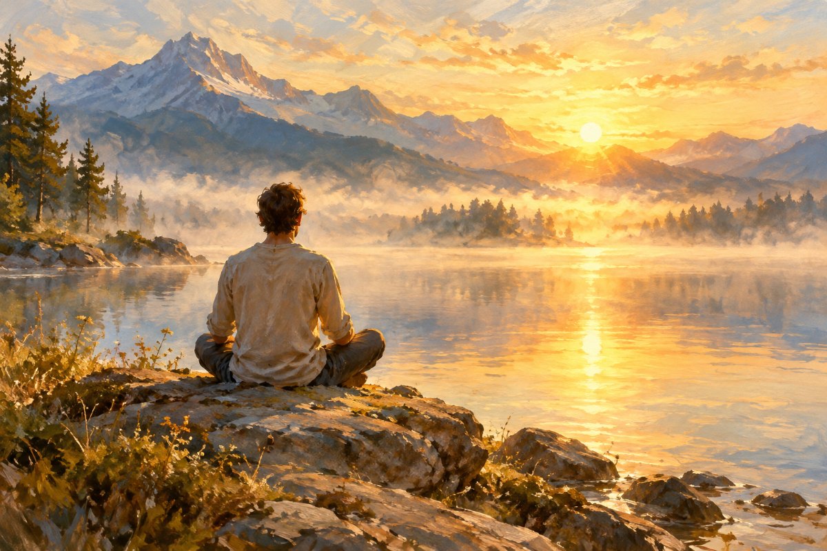 Gemaltes Bild: Ein Mensch sitzt still in Meditationshaltung am Ufer eines Sees, Nebel liegt über dem Wasser, hinter den Bergen geht die Morgensonne auf.